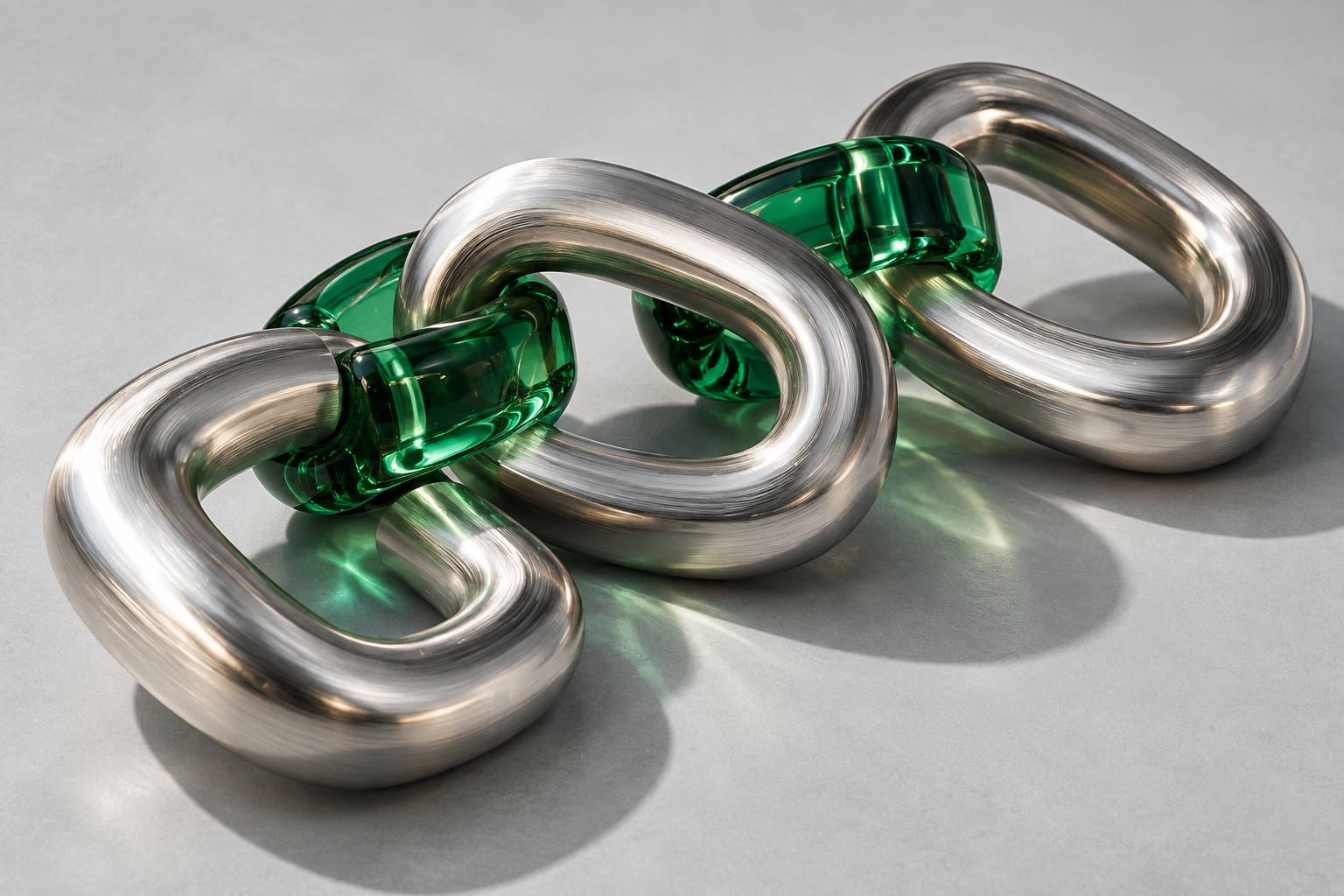 Connected silver and emerald forms on a pale studio surface