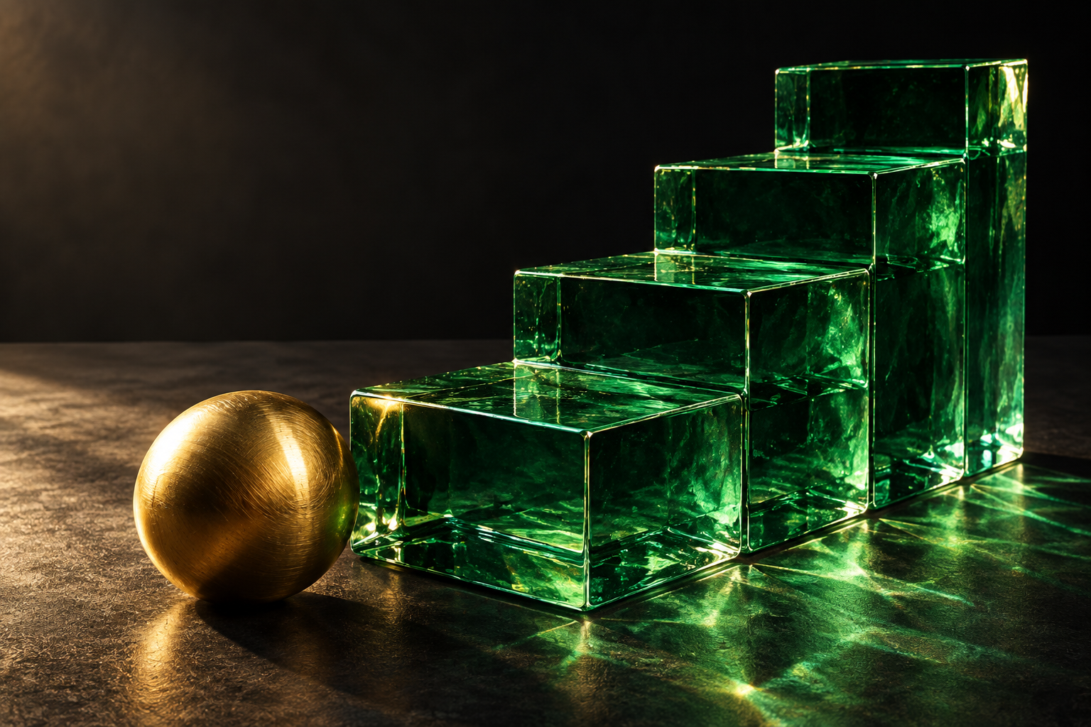 Emerald glass blocks rising beside a gold sphere